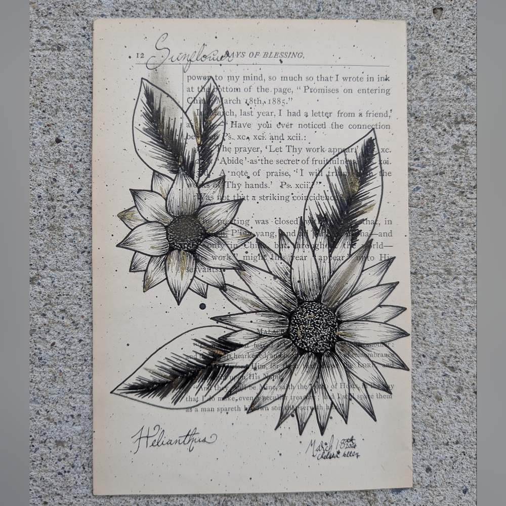 Sunflowers And Gold - Original Artwork On Vintage Book Page